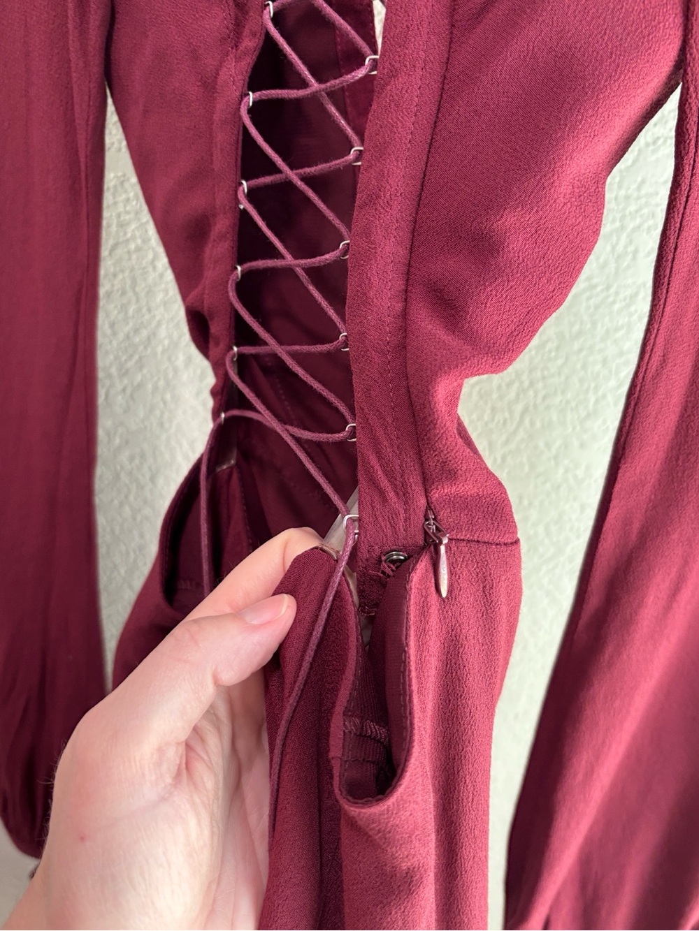 For Love & Lemons Lace Up Long Sleeve Mini Dress in Wine Red Size Small - Picture 10 of 10